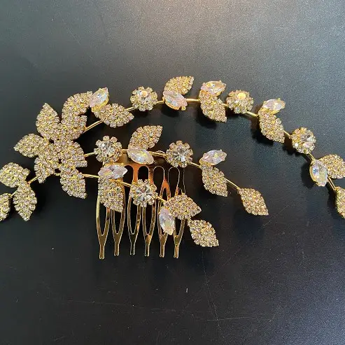 Golden Rhinestone Leaf Hairpin for Bridal Accessories - Image 4
