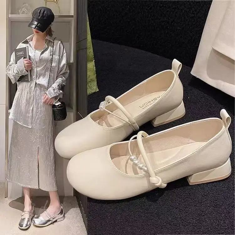 Women French Style Mary Jane Shoes Silver Round Toe Shallow Heels - Image 4