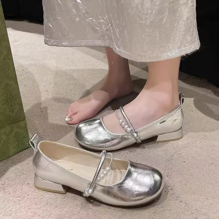 Women French Style Mary Jane Shoes Silver Round Toe Shallow Heels - Image 5