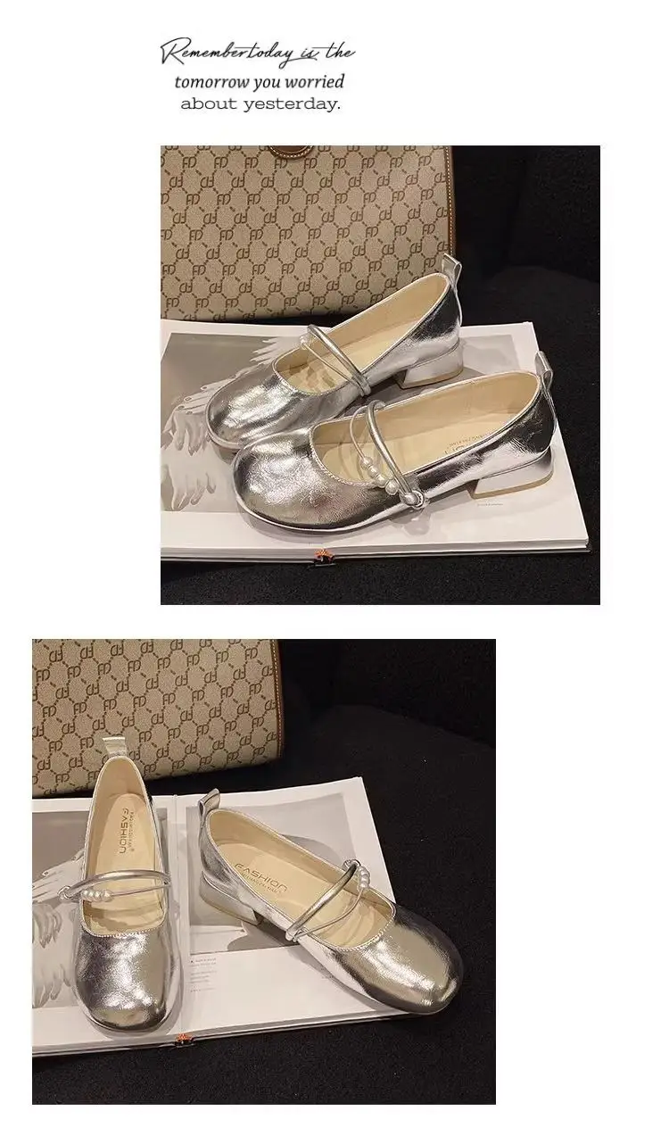 Women French Style Mary Jane Shoes Silver Round Toe Shallow Heels — feature 10