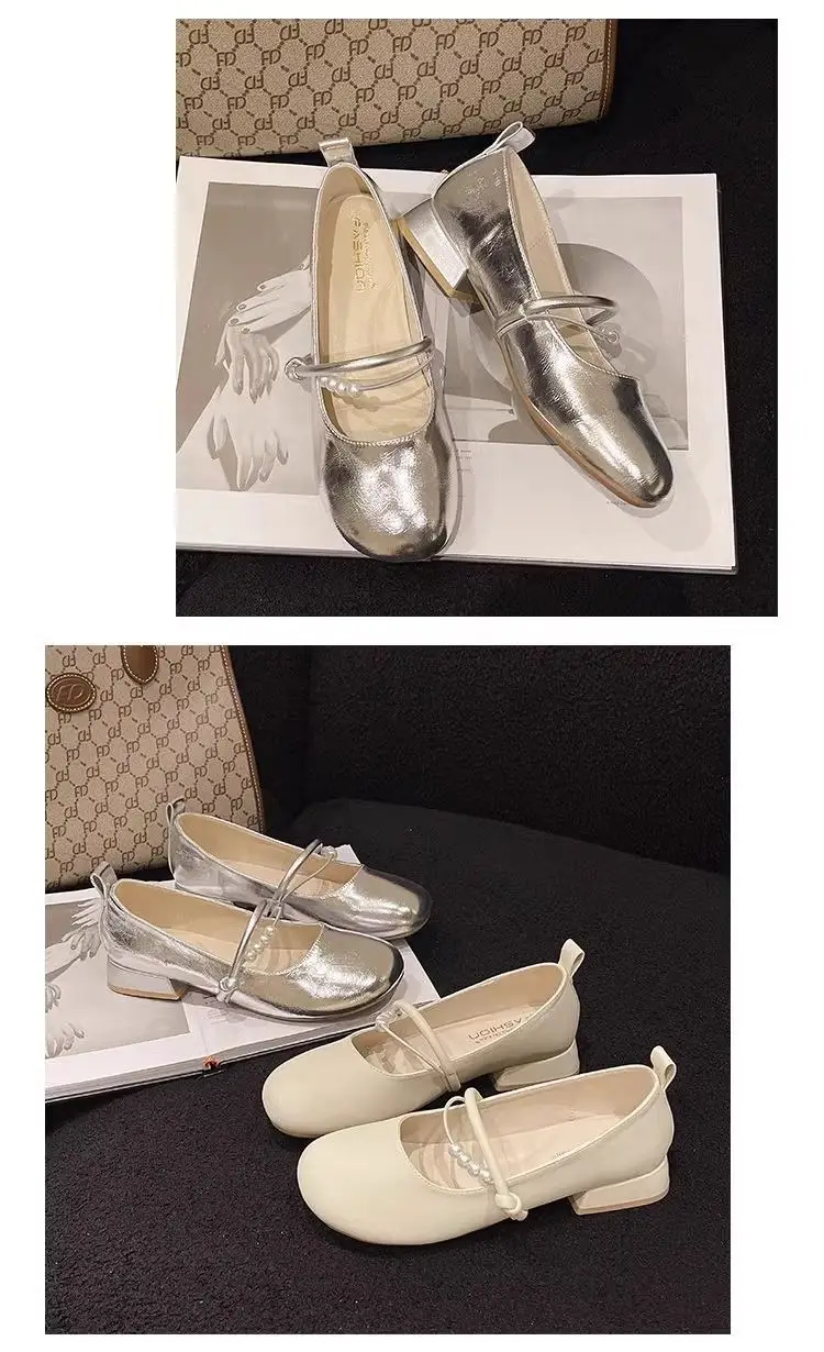 Women French Style Mary Jane Shoes Silver Round Toe Shallow Heels — feature 11