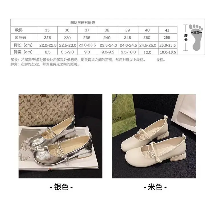Women French Style Mary Jane Shoes Silver Round Toe Shallow Heels — feature 3