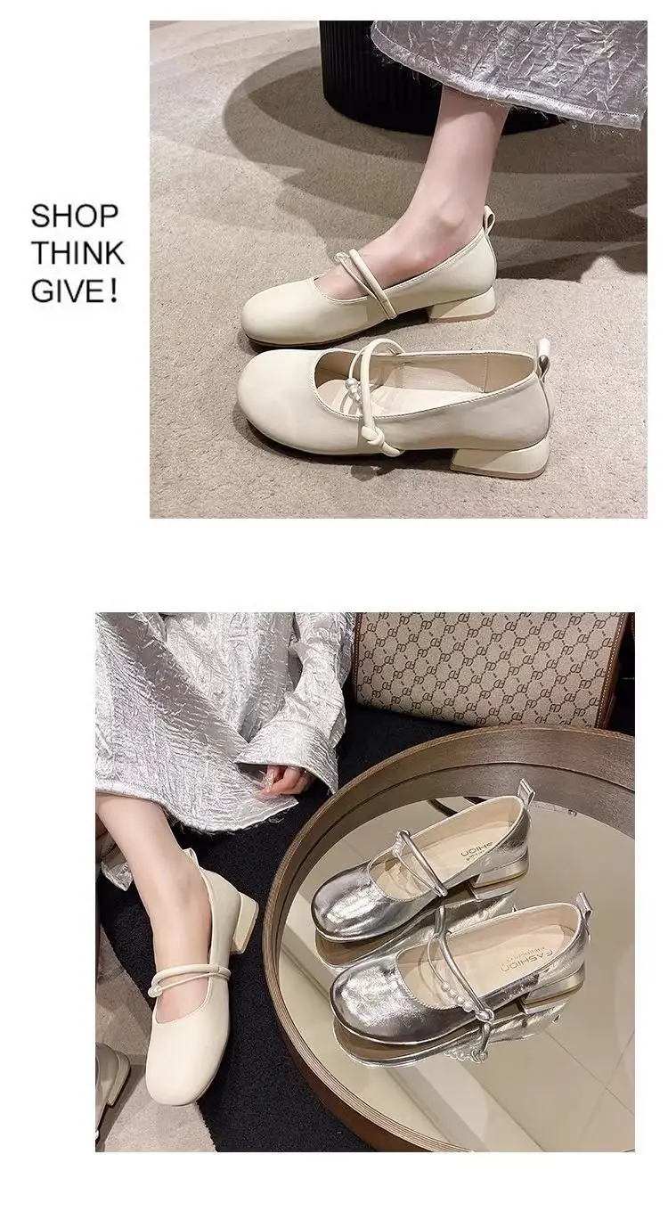 Women French Style Mary Jane Shoes Silver Round Toe Shallow Heels — feature 6