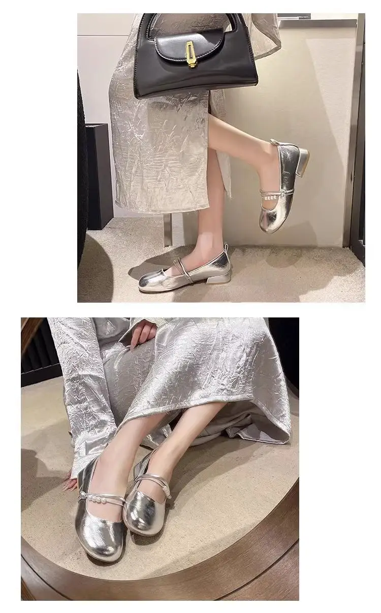 Women French Style Mary Jane Shoes Silver Round Toe Shallow Heels — feature 7