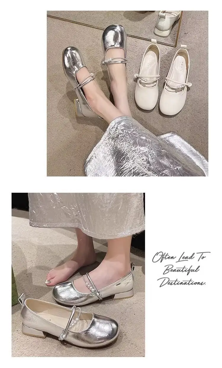 Women French Style Mary Jane Shoes Silver Round Toe Shallow Heels — feature 8