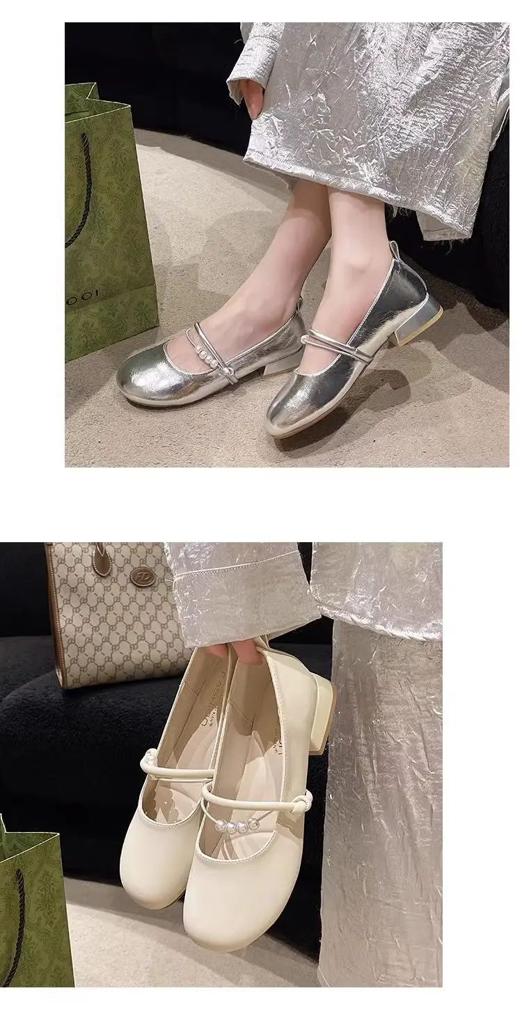 Women French Style Mary Jane Shoes Silver Round Toe Shallow Heels — feature 9