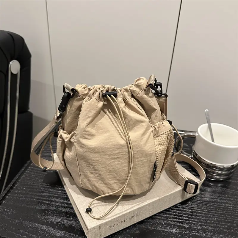 White Drawstring Bucket Bag for Commuters & Casual Use - Image 8