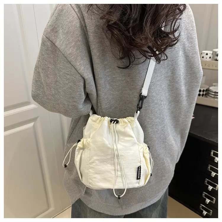 White Drawstring Bucket Bag for Commuters & Casual Use — feature 19