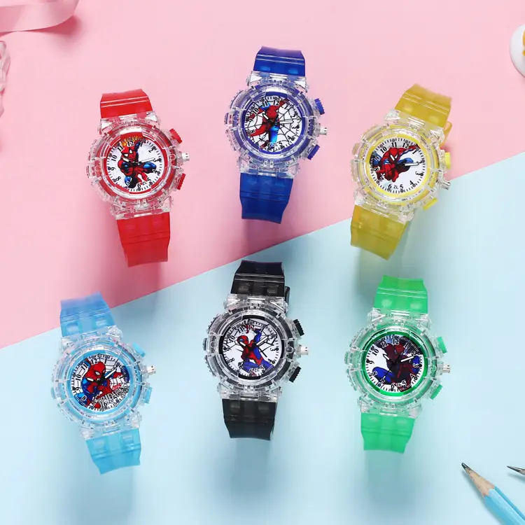 Factory direct supply children Spider-Man luminous watch boy pointer fashion LED colorful flashing quartz watch