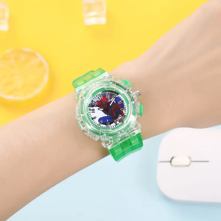 Factory direct supply children Spider-Man luminous watch boy pointer fashion LED colorful flashing quartz watch — feature 12