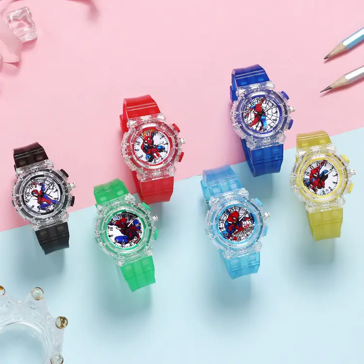 Factory direct supply children Spider-Man luminous watch boy pointer fashion LED colorful flashing quartz watch — feature 2