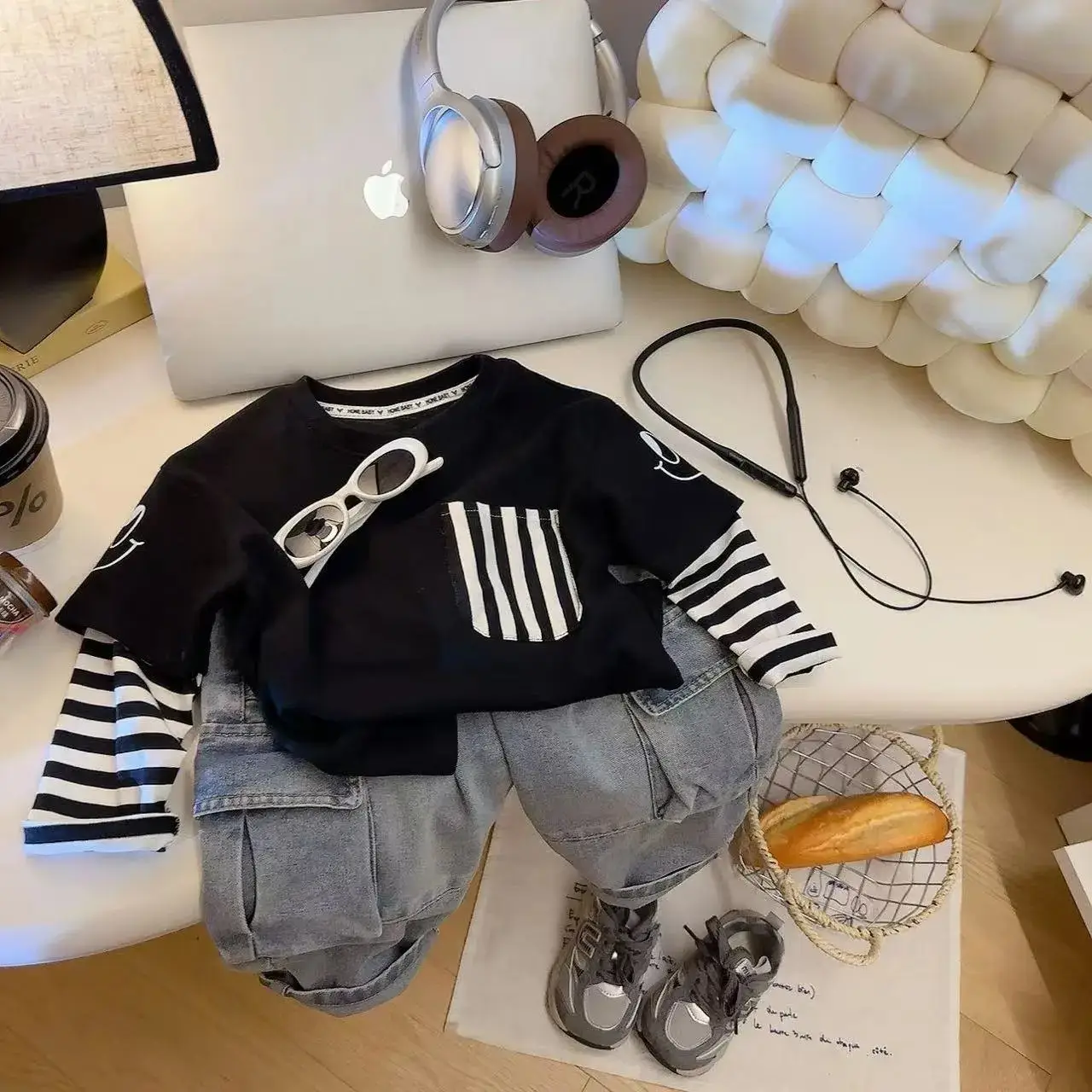 Children's Black Striped Sweatshirt Set Large Cotton Base Top - Image 2