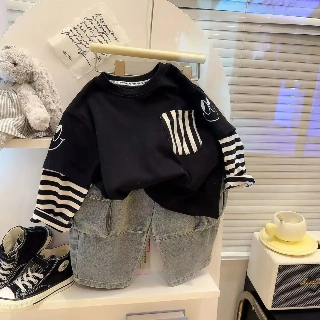 Children's Black Striped Sweatshirt Set Large Cotton Base Top - Image 5