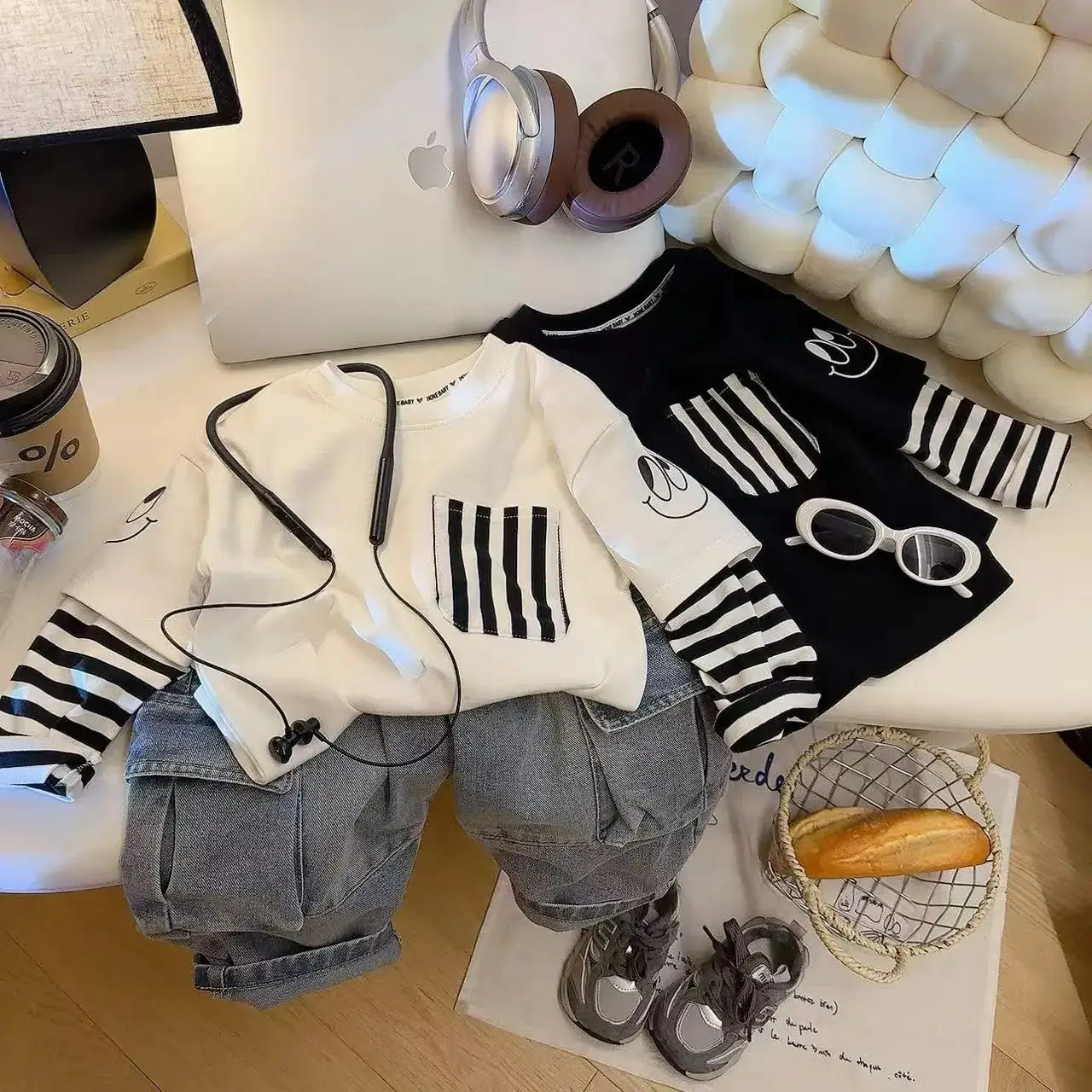 Children's Black Striped Sweatshirt Set Large Cotton Base Top — feature 1