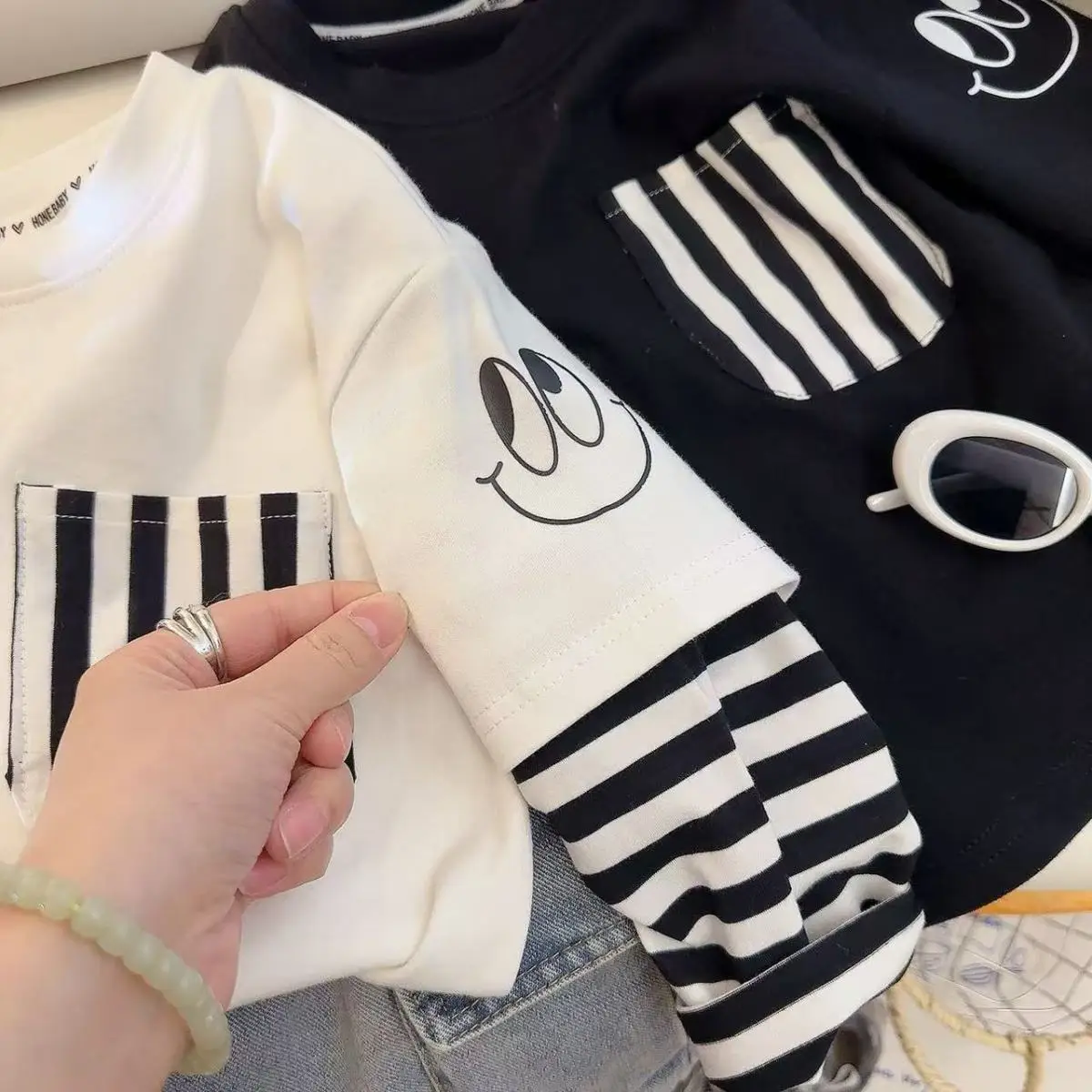 Children's Black Striped Sweatshirt Set Large Cotton Base Top — feature 10