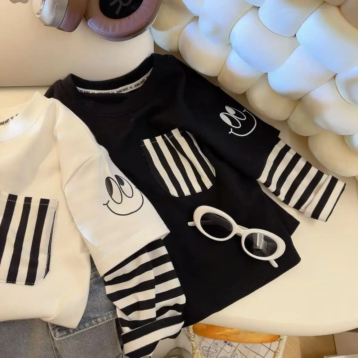 Children's Black Striped Sweatshirt Set Large Cotton Base Top — feature 11