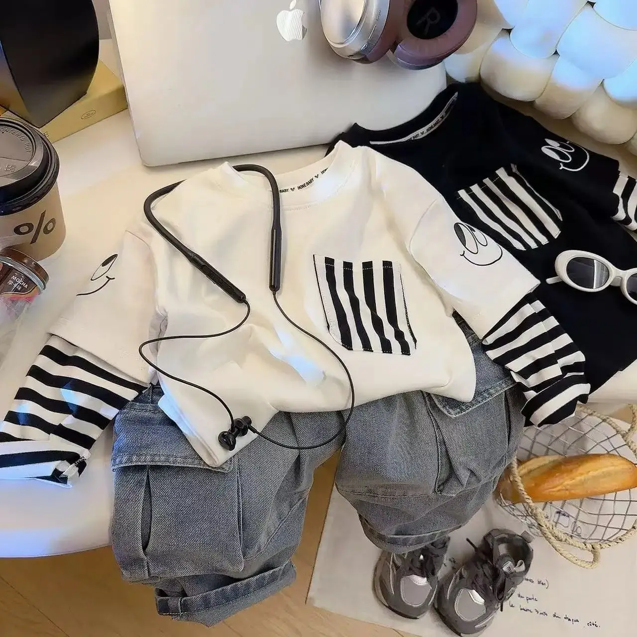 Children's Black Striped Sweatshirt Set Large Cotton Base Top — feature 2