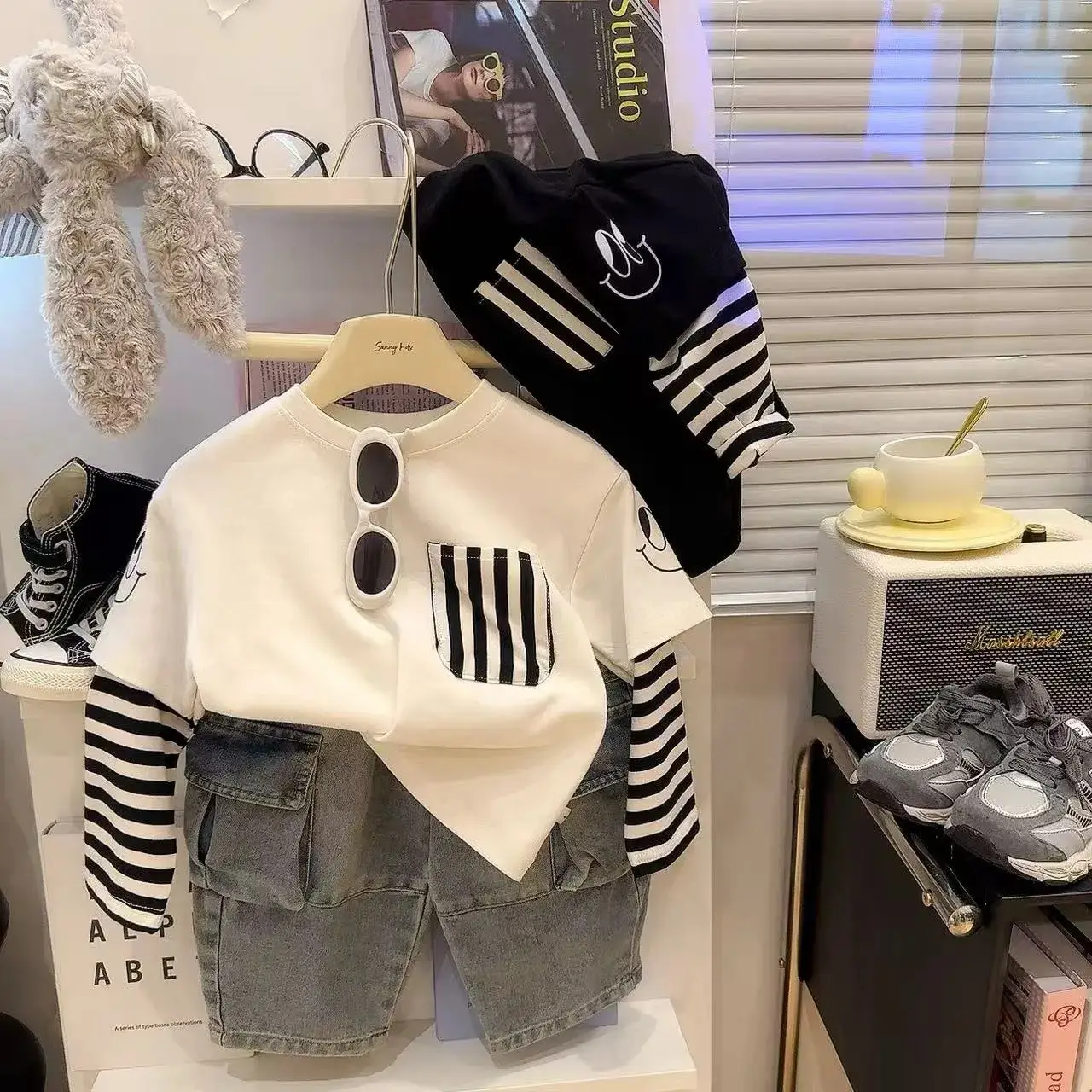 Children's Black Striped Sweatshirt Set Large Cotton Base Top — feature 4