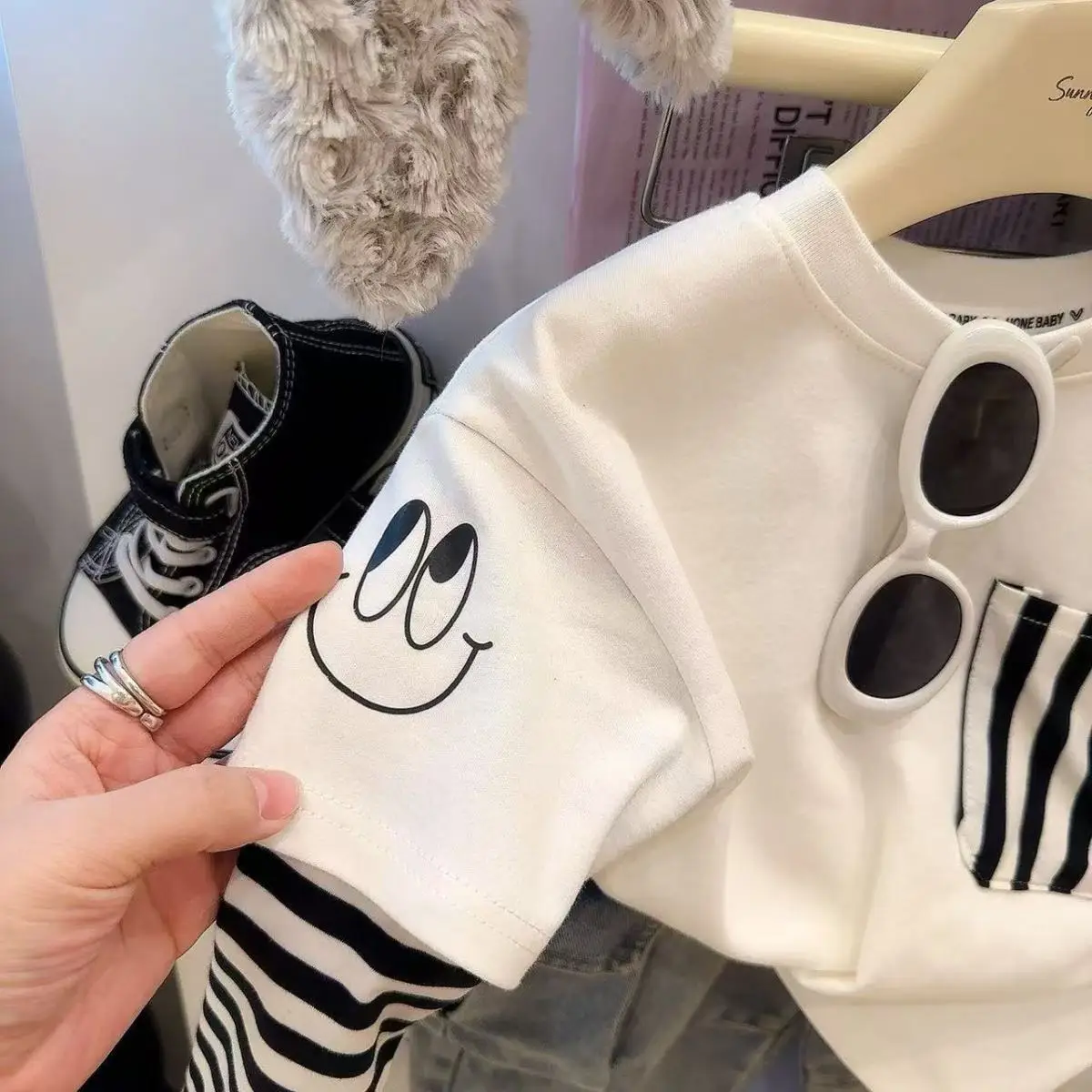 Children's Black Striped Sweatshirt Set Large Cotton Base Top — feature 7