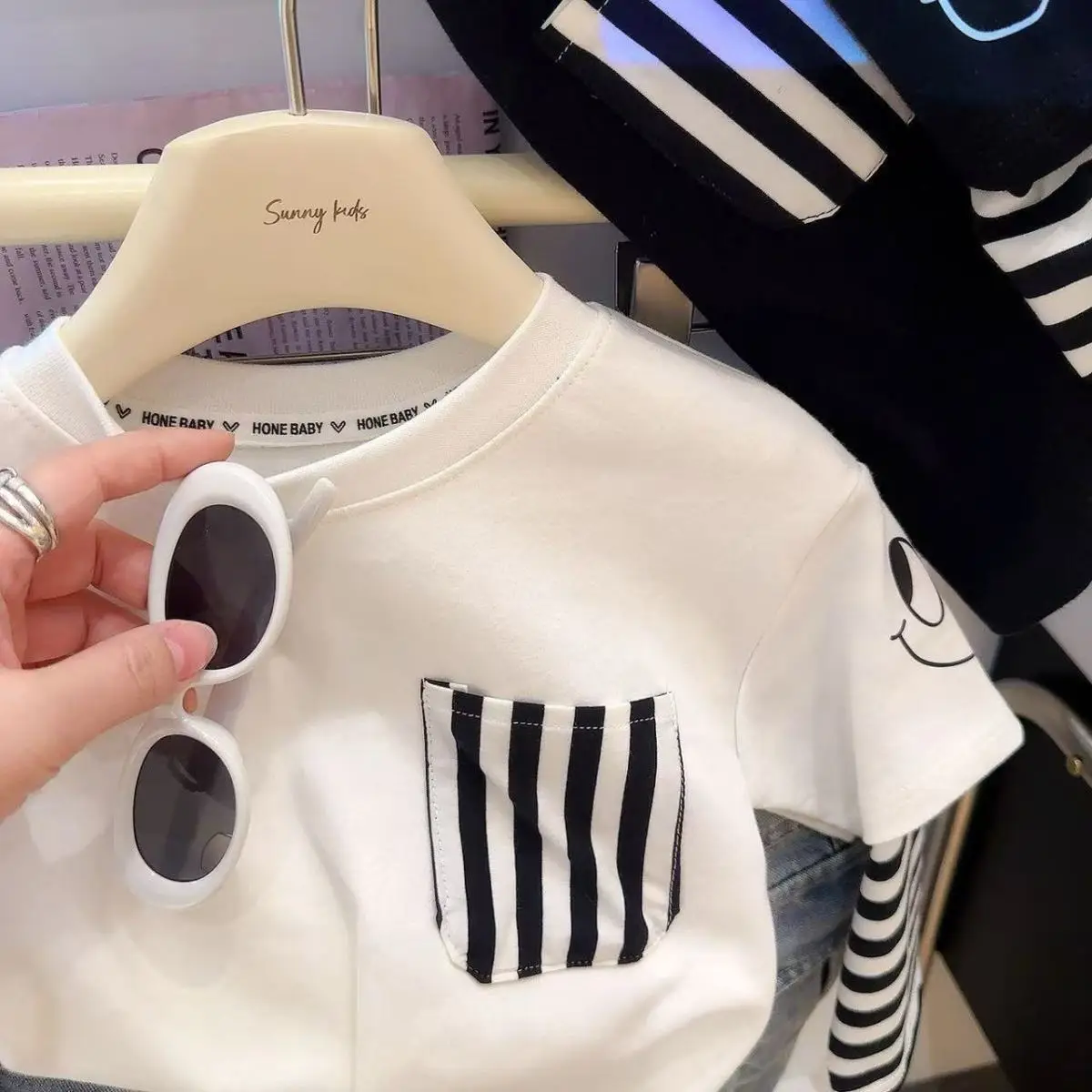 Children's Black Striped Sweatshirt Set Large Cotton Base Top — feature 8
