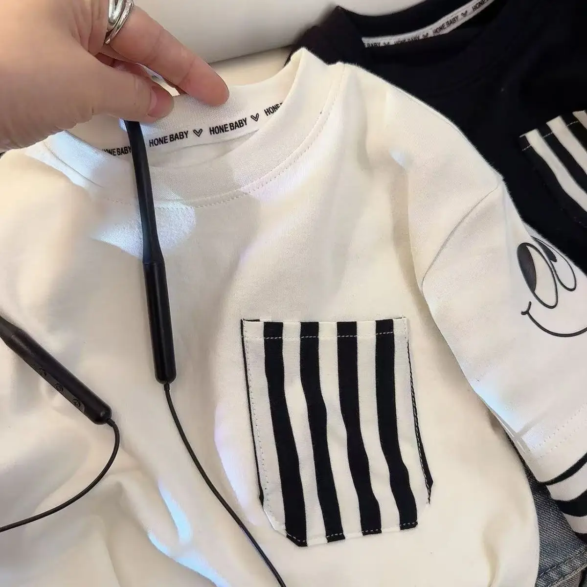 Children's Black Striped Sweatshirt Set Large Cotton Base Top — feature 9