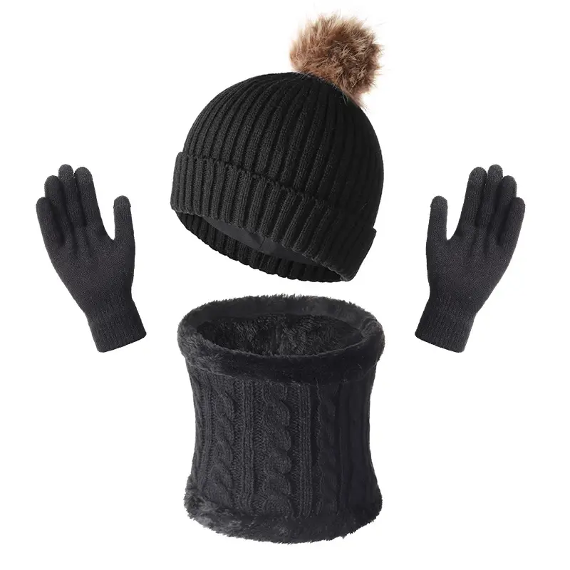Original Design Fur Ball Hat, Touch Screen Gloves, Scarf Three-Piece Set, Winter Warm Acrylic Knit Gift Box Style