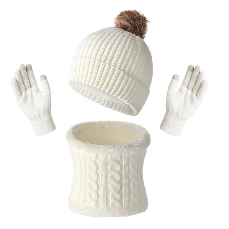 Original Design Fur Ball Hat, Touch Screen Gloves, Scarf Three-Piece Set, Winter Warm Acrylic Knit Gift Box Style