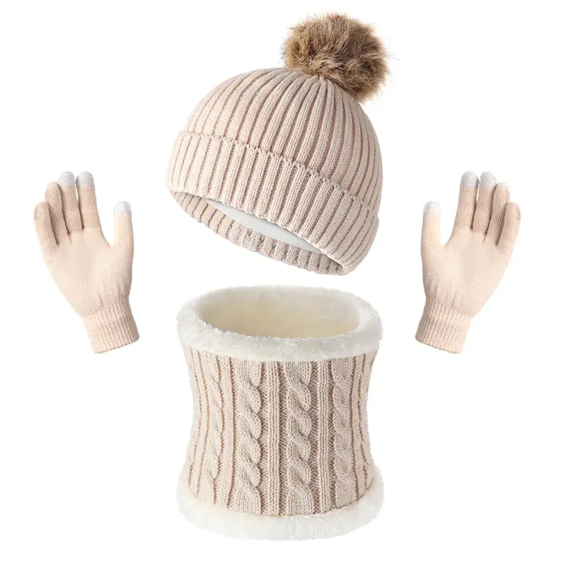 Original Design Fur Ball Hat, Touch Screen Gloves, Scarf Three-Piece Set, Winter Warm Acrylic Knit Gift Box Style — feature 2
