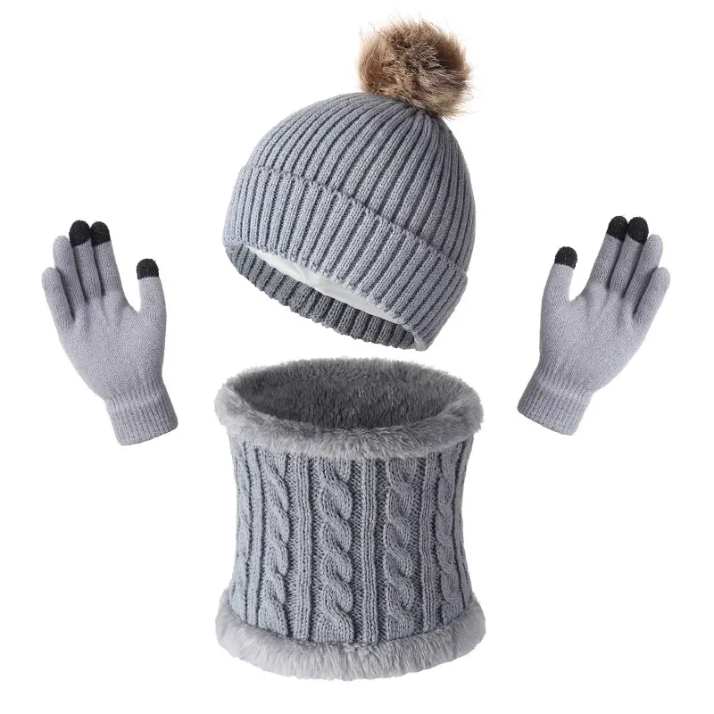 Original Design Fur Ball Hat, Touch Screen Gloves, Scarf Three-Piece Set, Winter Warm Acrylic Knit Gift Box Style