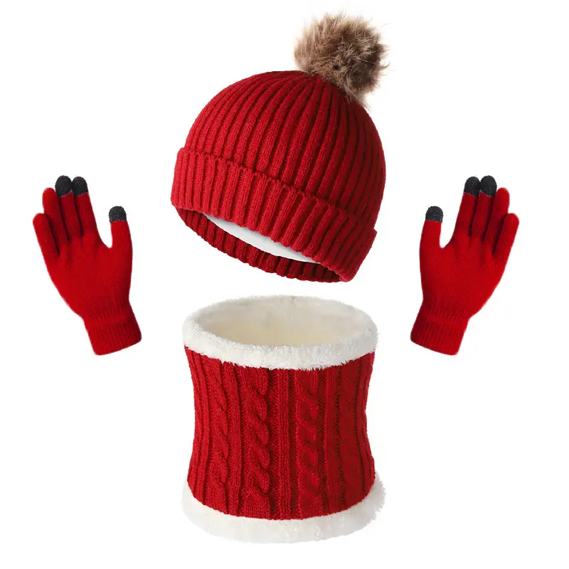 Original Design Fur Ball Hat, Touch Screen Gloves, Scarf Three-Piece Set, Winter Warm Acrylic Knit Gift Box Style