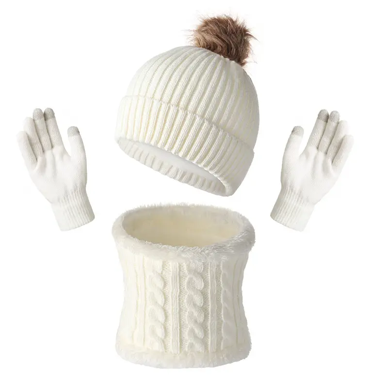 Original Design Fur Ball Hat, Touch Screen Gloves, Scarf Three-Piece Set, Winter Warm Acrylic Knit Gift Box Style