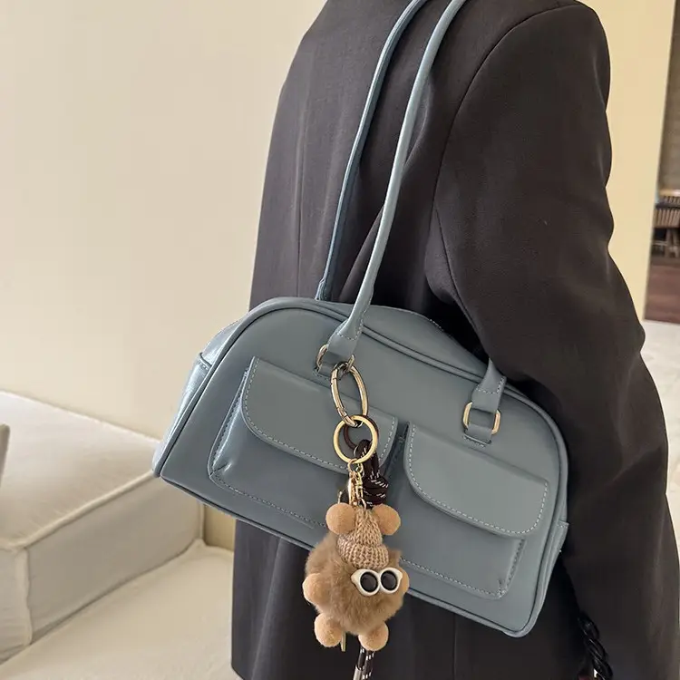 Black Wax Leather Bowling Bag with 2 Pockets - Image 6