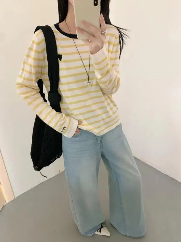 Women Striped Mulberry Silk Long Sleeve T-Shirt Yellow Blue - Image 6
