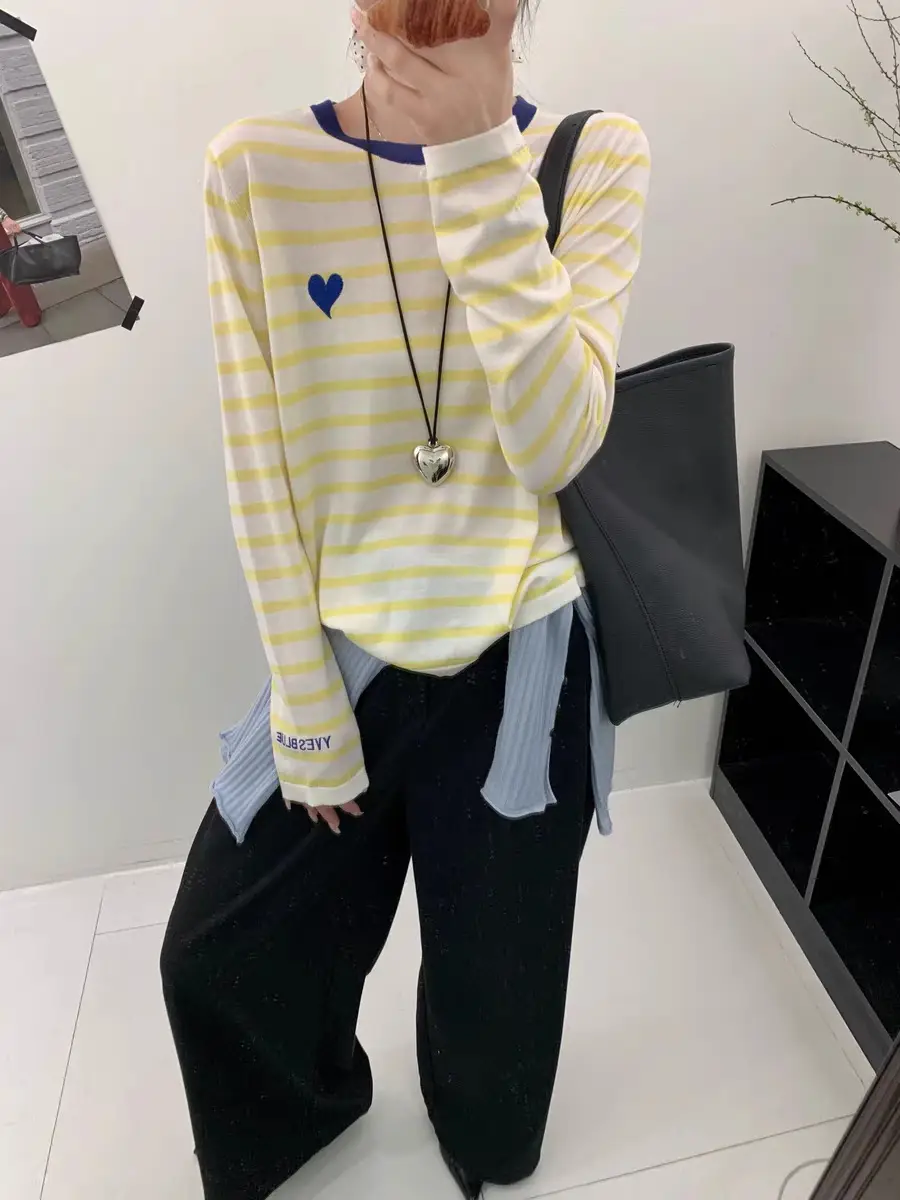 Women Striped Mulberry Silk Long Sleeve T-Shirt Yellow Blue - Image 8