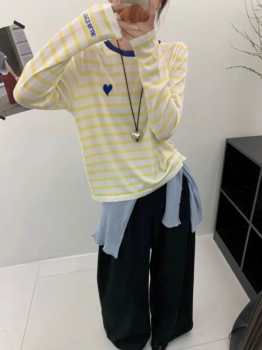 Women Striped Mulberry Silk Long Sleeve T-Shirt Yellow Blue — feature 10