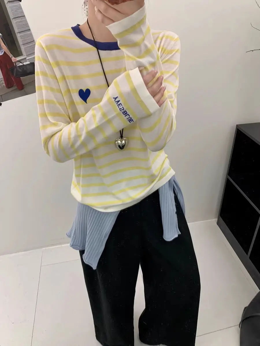 Women Striped Mulberry Silk Long Sleeve T-Shirt Yellow Blue — feature 11