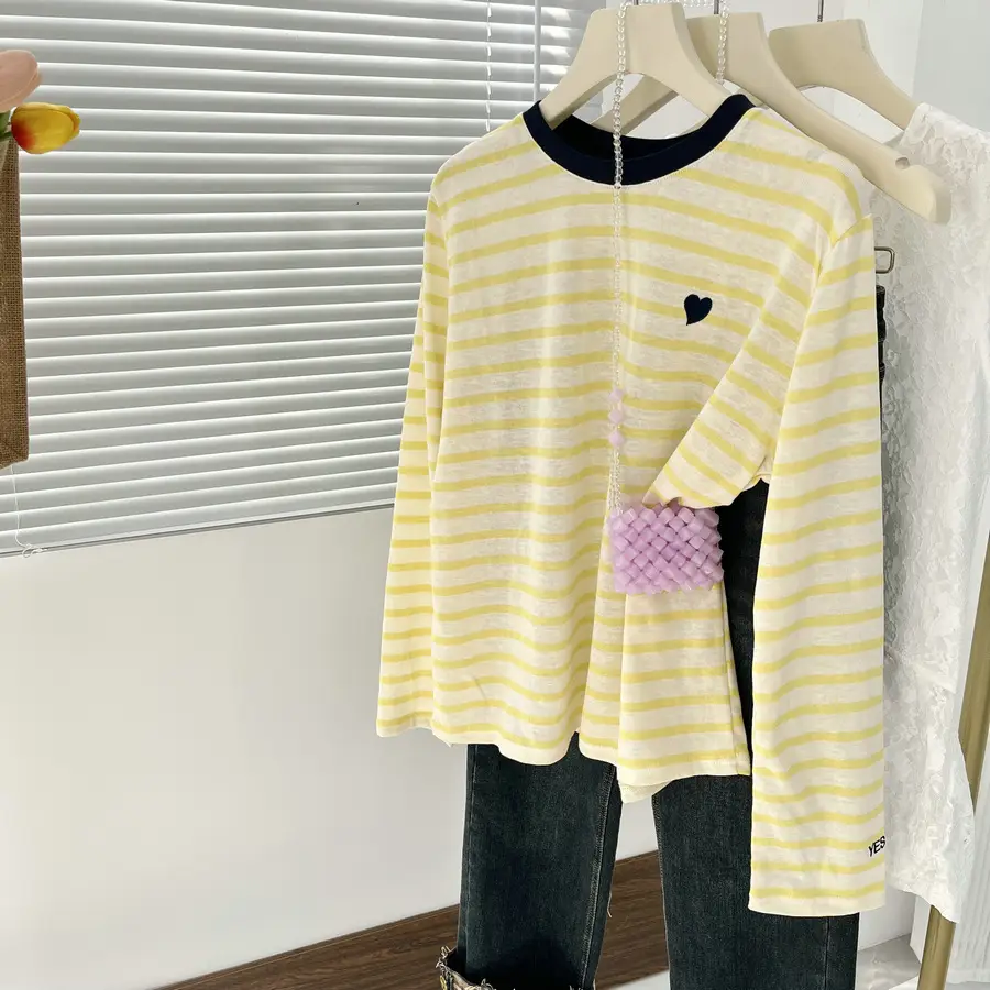 Women Striped Mulberry Silk Long Sleeve T-Shirt Yellow Blue — feature 13