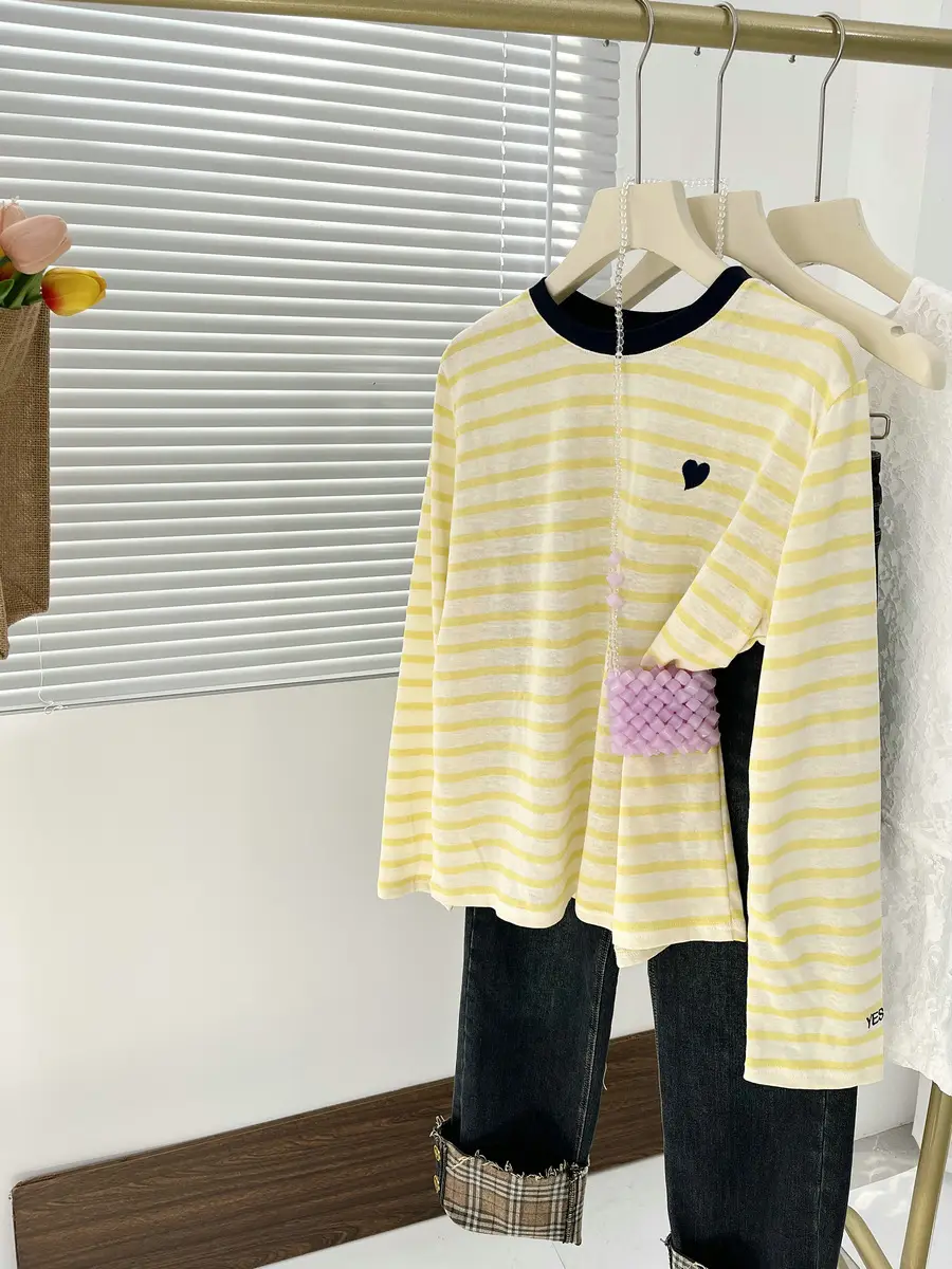 Women Striped Mulberry Silk Long Sleeve T-Shirt Yellow Blue — feature 14