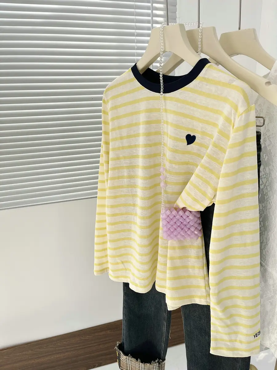 Women Striped Mulberry Silk Long Sleeve T-Shirt Yellow Blue — feature 15