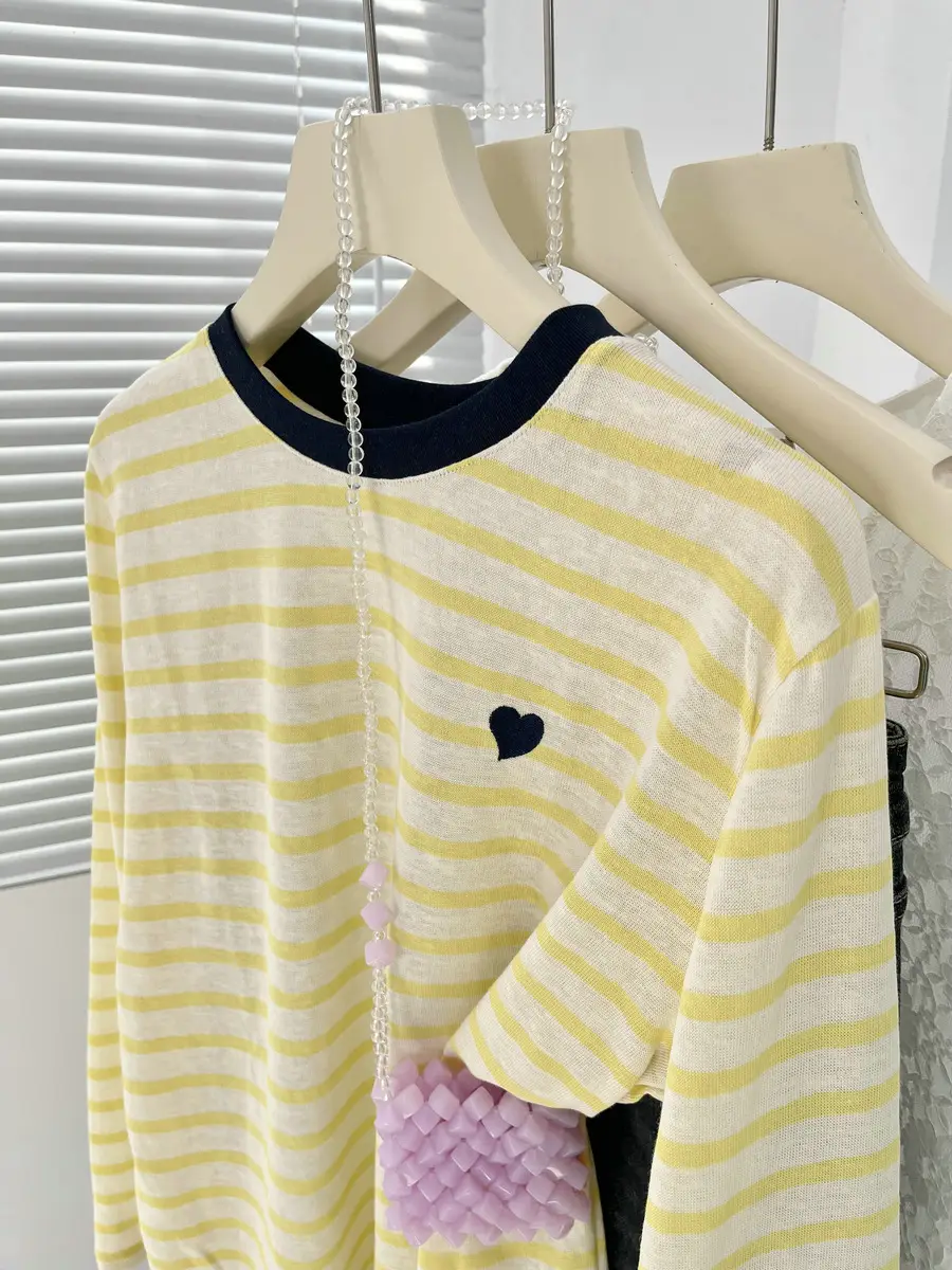 Women Striped Mulberry Silk Long Sleeve T-Shirt Yellow Blue — feature 17