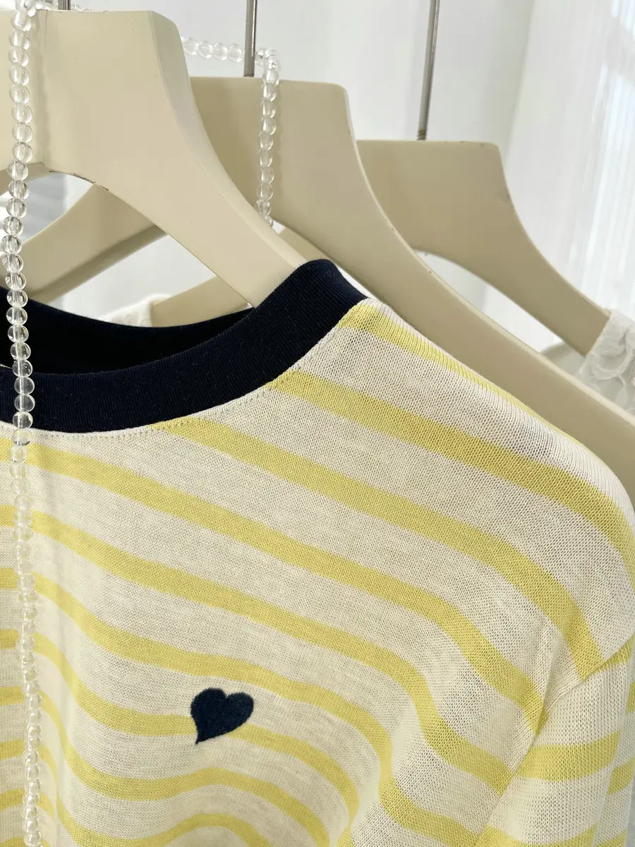 Women Striped Mulberry Silk Long Sleeve T-Shirt Yellow Blue — feature 18