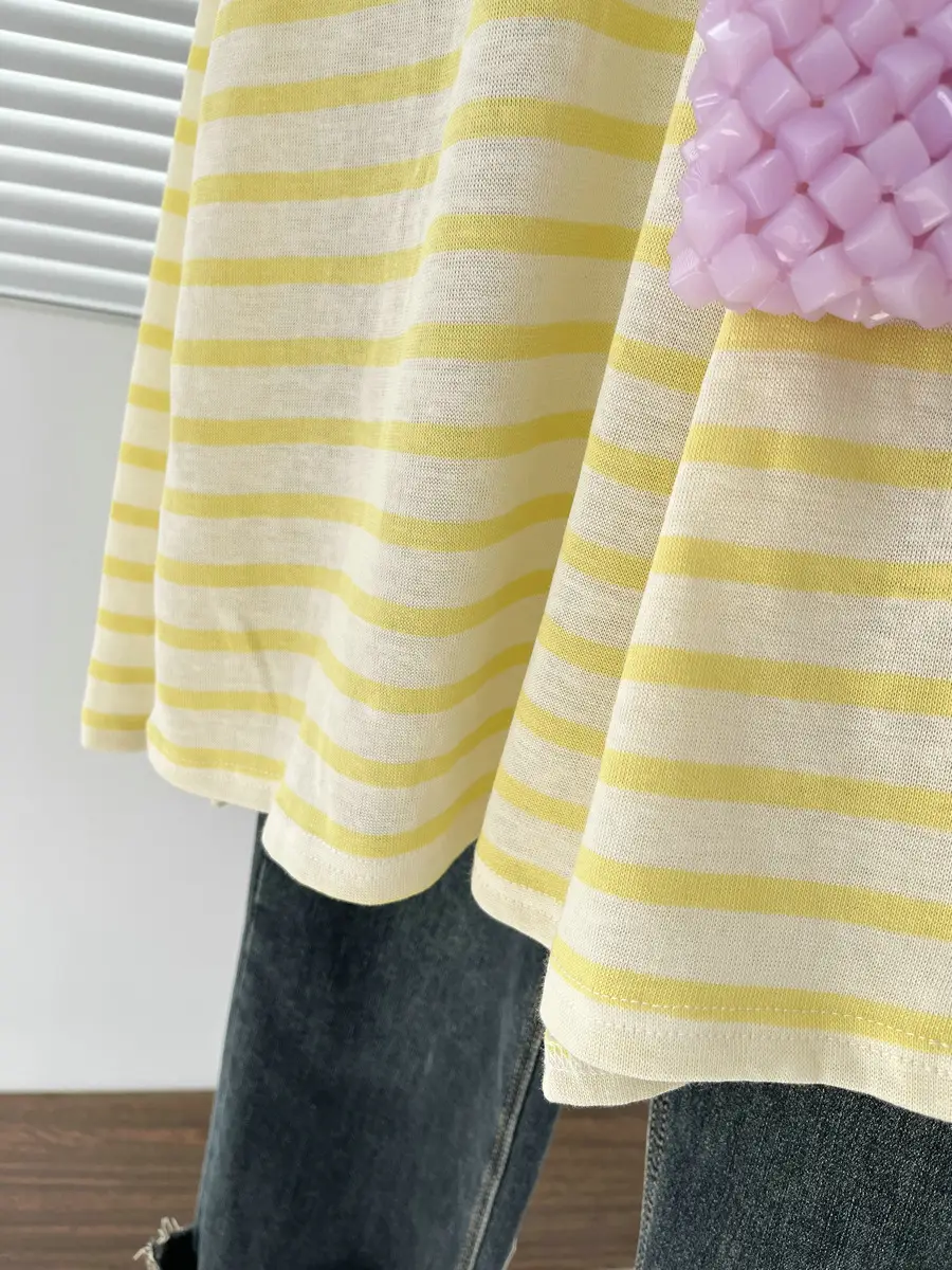 Women Striped Mulberry Silk Long Sleeve T-Shirt Yellow Blue — feature 19