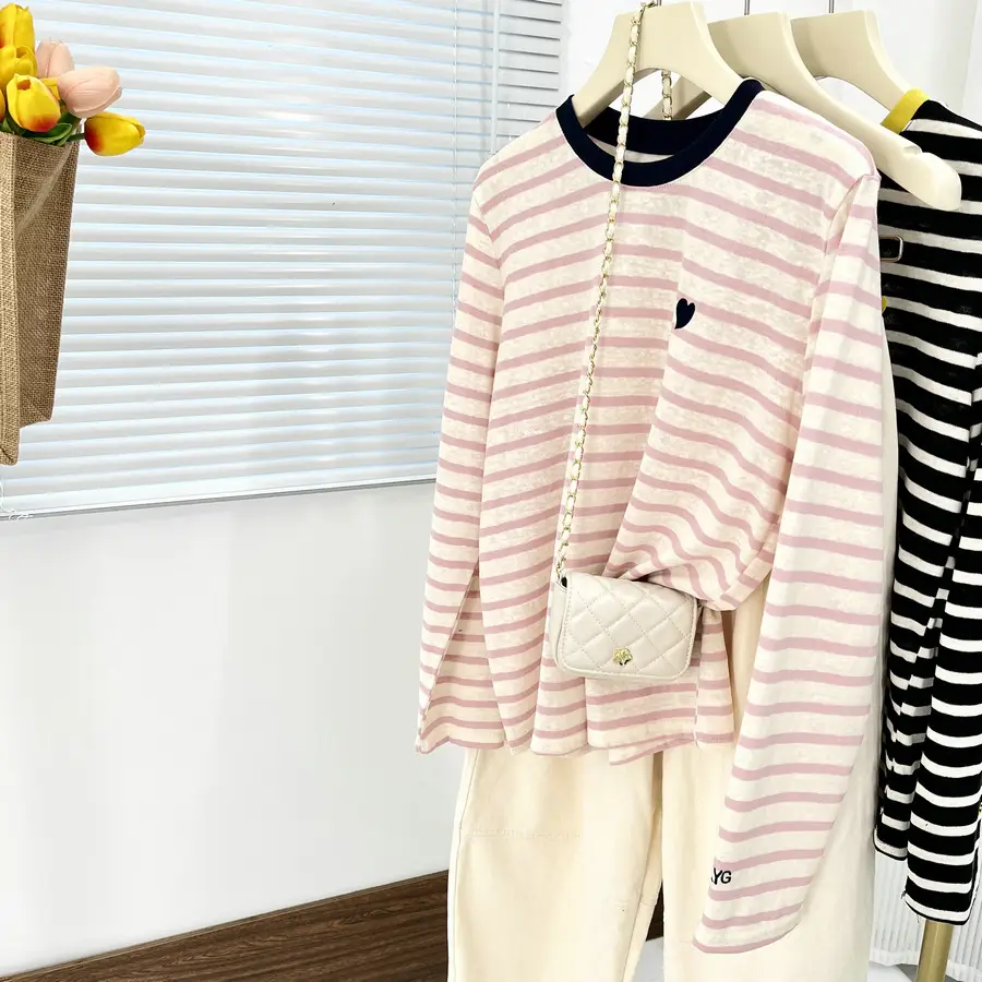 Women Striped Mulberry Silk Long Sleeve T-Shirt Yellow Blue — feature 23