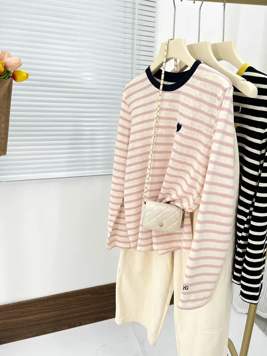 Women Striped Mulberry Silk Long Sleeve T-Shirt Yellow Blue — feature 24