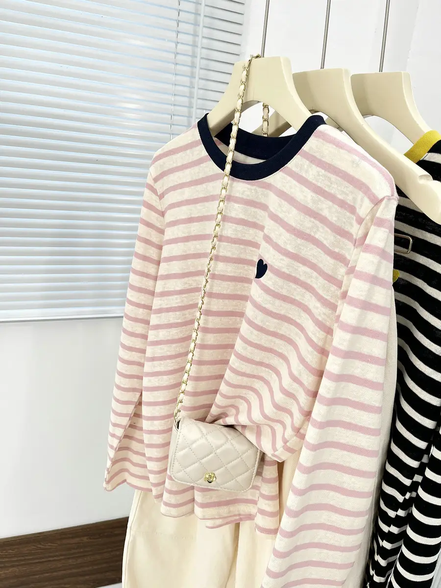Women Striped Mulberry Silk Long Sleeve T-Shirt Yellow Blue — feature 26
