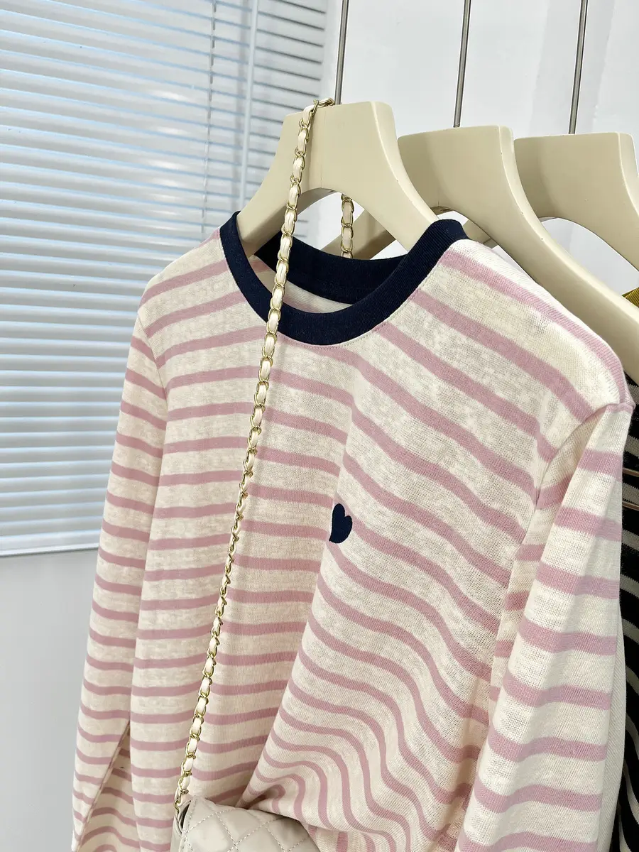 Women Striped Mulberry Silk Long Sleeve T-Shirt Yellow Blue — feature 27