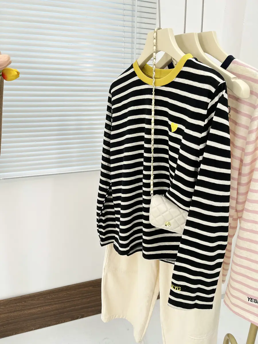 Women Striped Mulberry Silk Long Sleeve T-Shirt Yellow Blue — feature 29