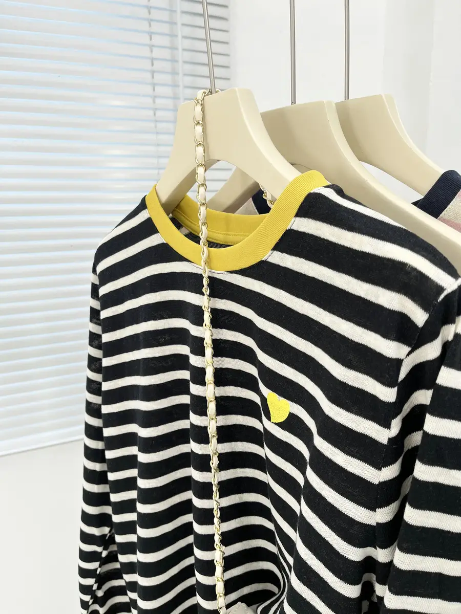 Women Striped Mulberry Silk Long Sleeve T-Shirt Yellow Blue — feature 31