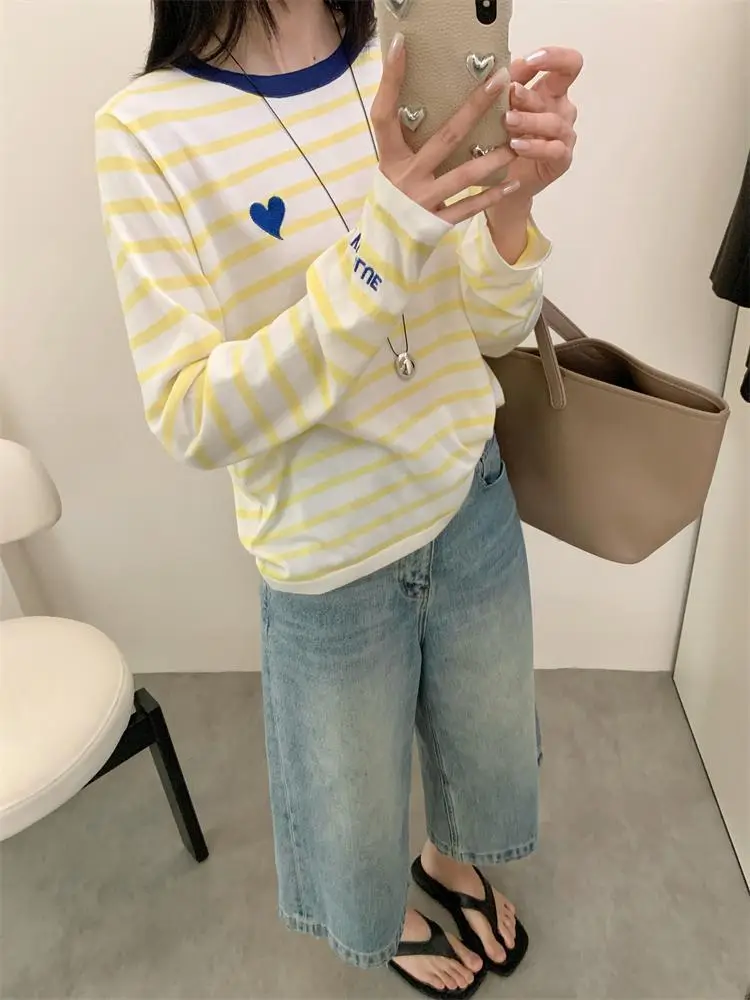 Women Striped Mulberry Silk Long Sleeve T-Shirt Yellow Blue — feature 4