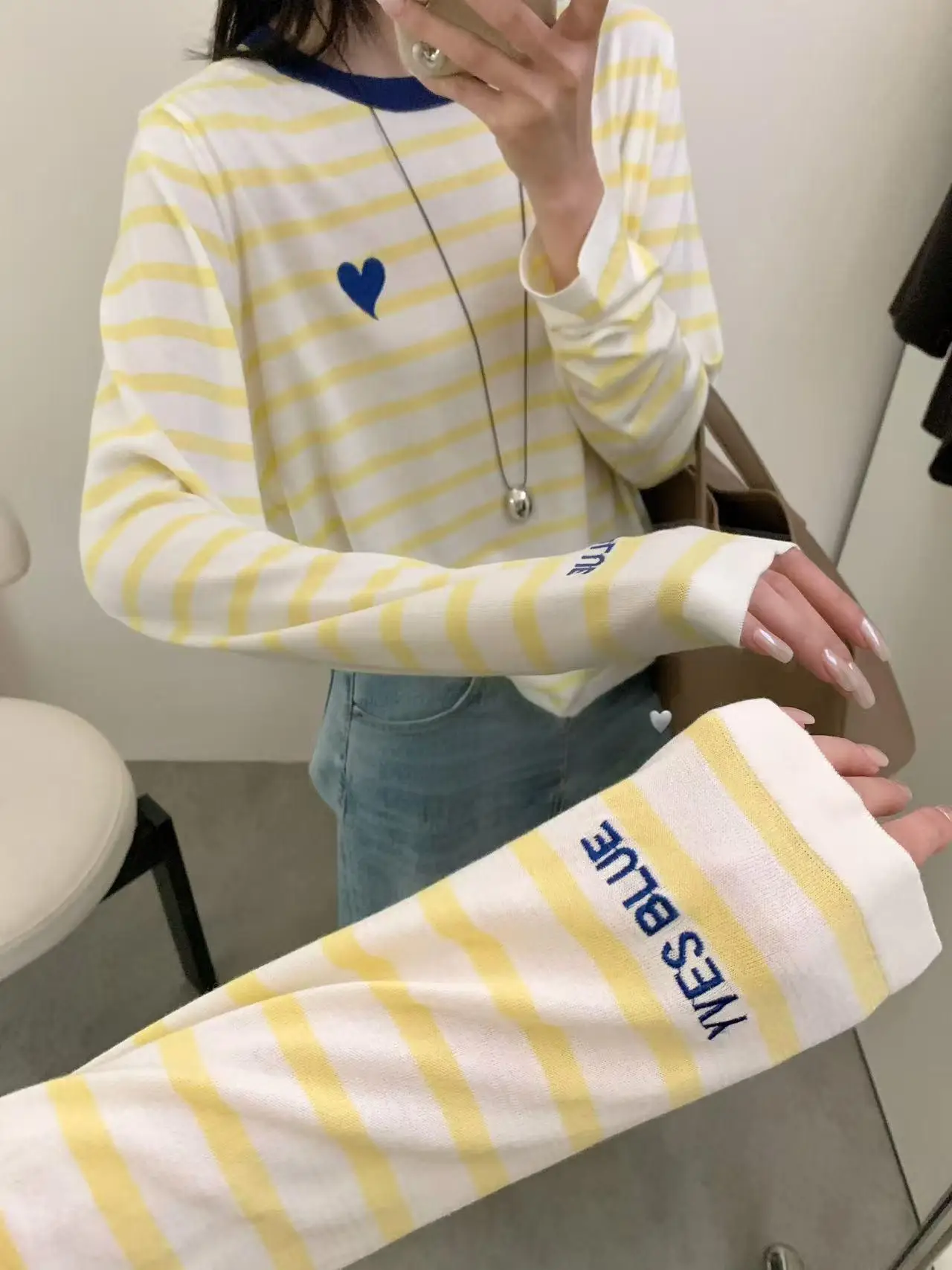 Women Striped Mulberry Silk Long Sleeve T-Shirt Yellow Blue — feature 9